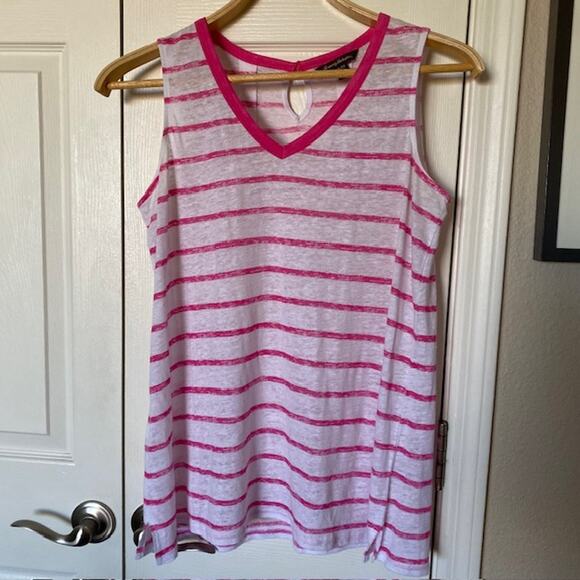 Tommy Bahama Linen V-Neck Sleeveless Burnout Top Pink White Stripe Women's XS/TP - Picture 10 of 10
